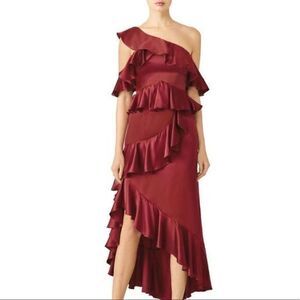 Amur garnet ruffle asymmetrical midi dress